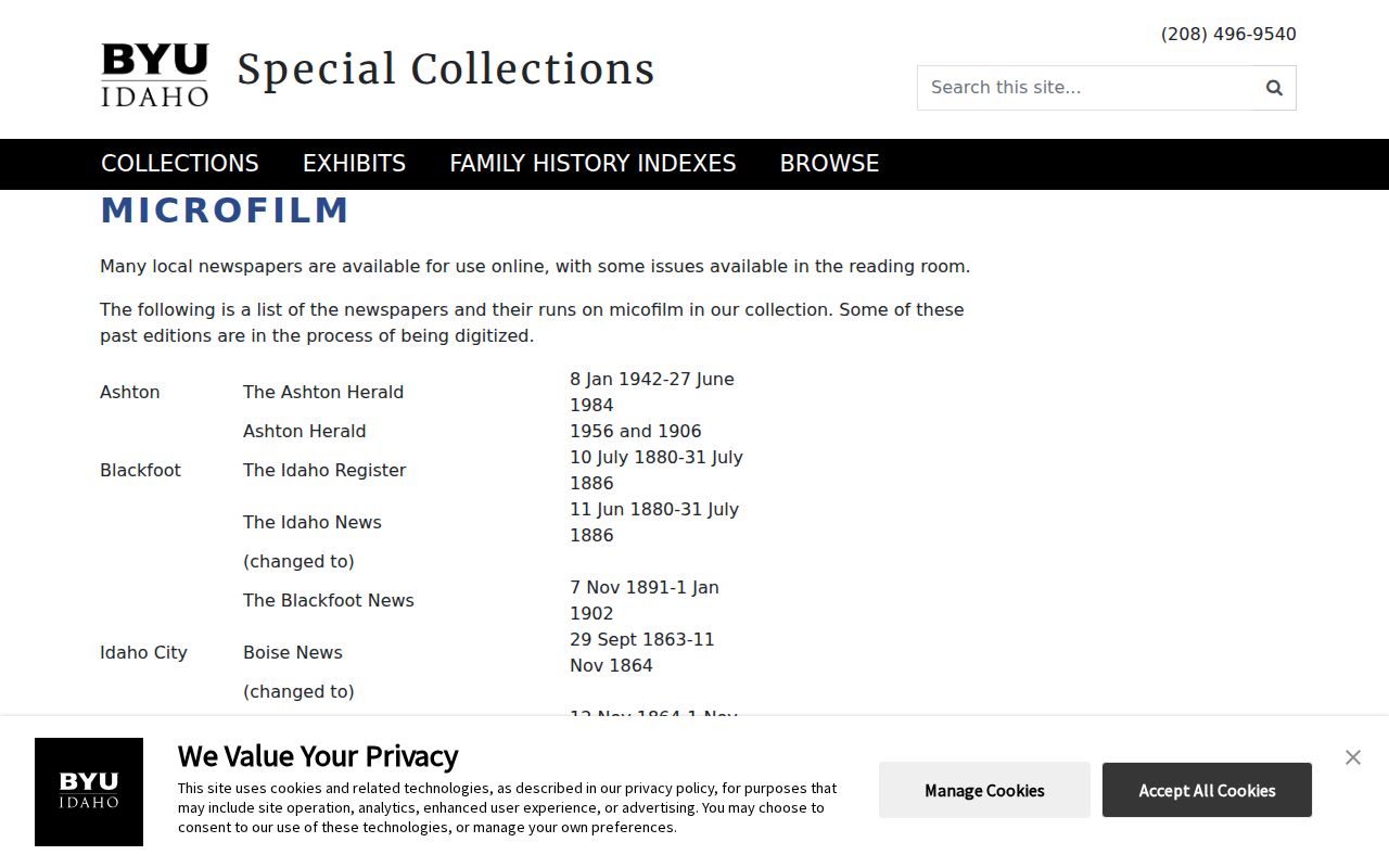 Idaho Falls city directory microfilm listed by BYU-Idaho archives