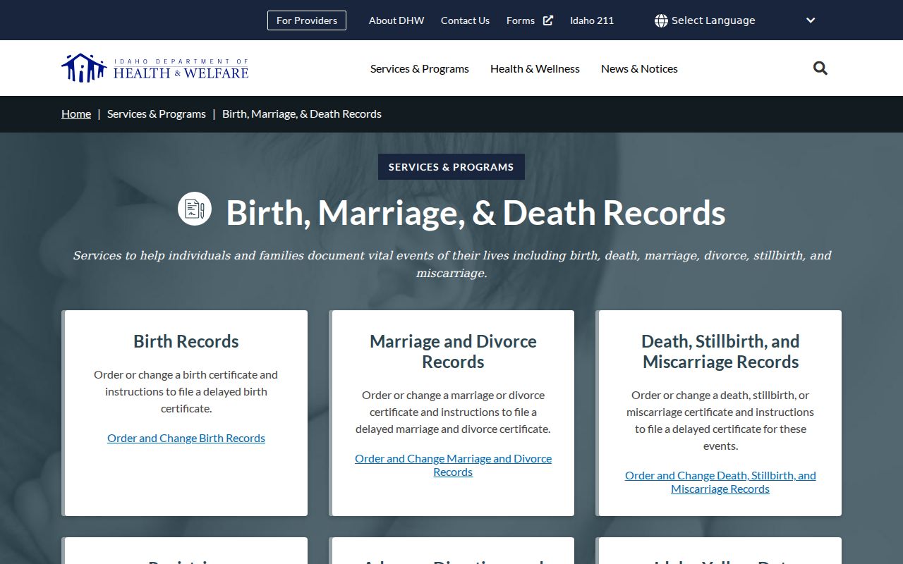 Idaho vital records ordering page for Idaho Falls research