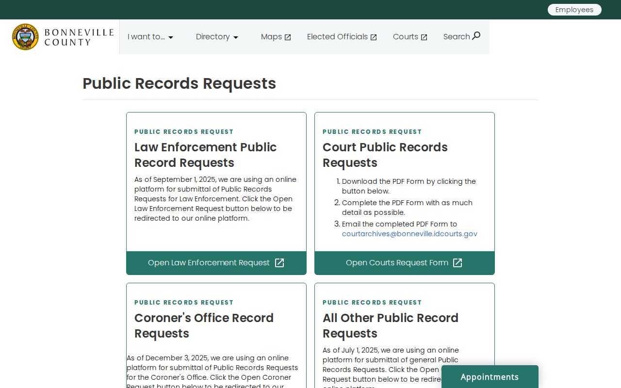 Bonneville County public records routing page used for Idaho Falls resident research